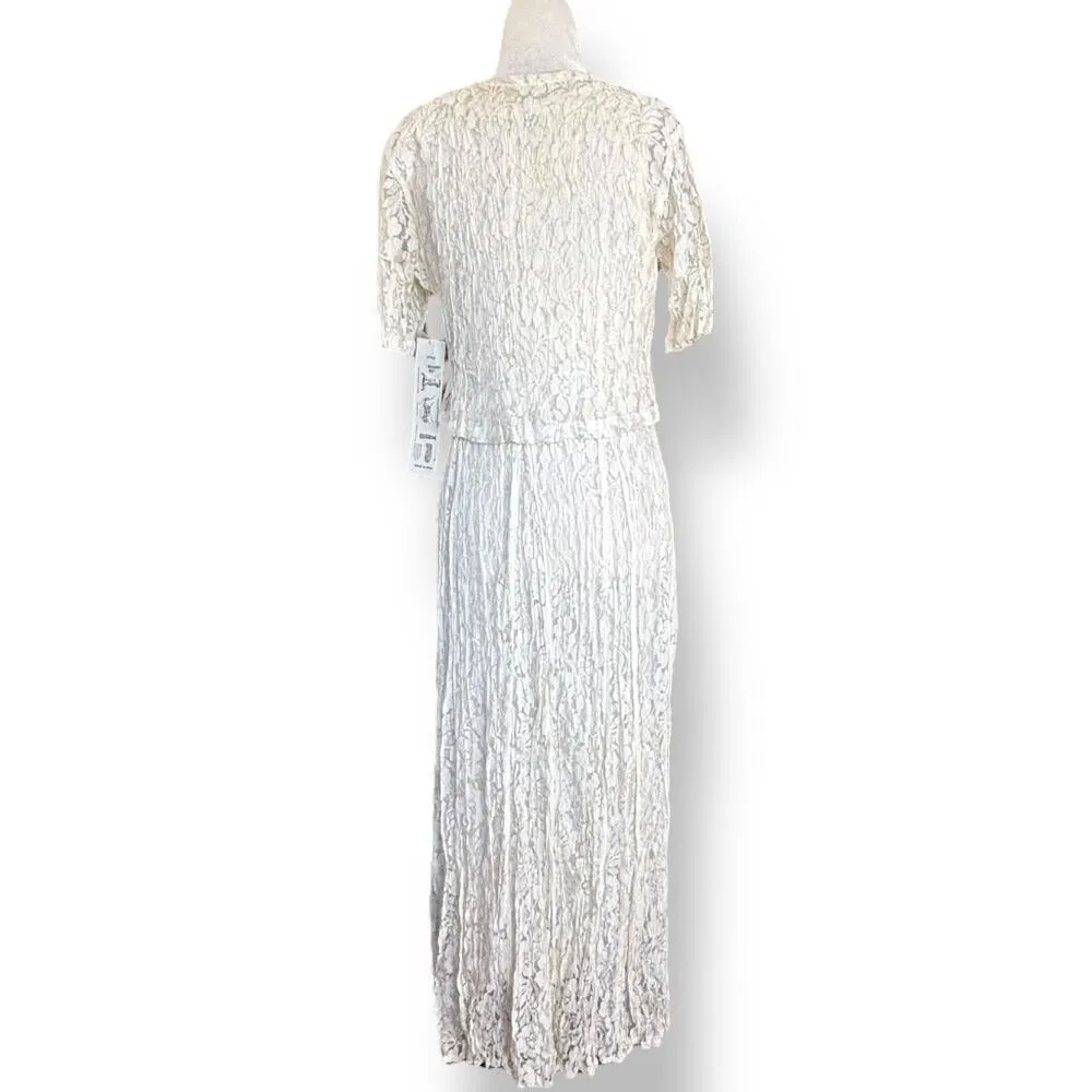 Deadstock 90s Lace Maxi Dress Ivory Sheer Floral Short Sleeve Scoop Neck Small - Image 9