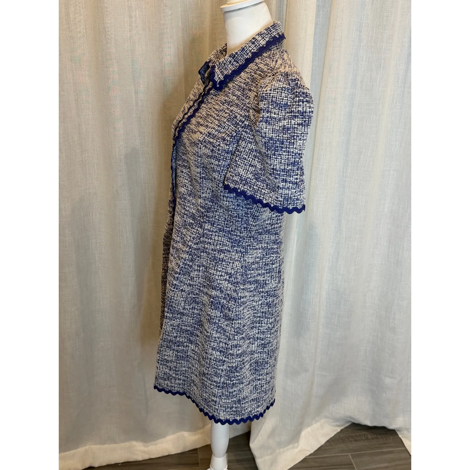 Rachel Parcell Shirt Dress Womens Blue Tweed Scallop Trim Button Front Preppy - Image 8