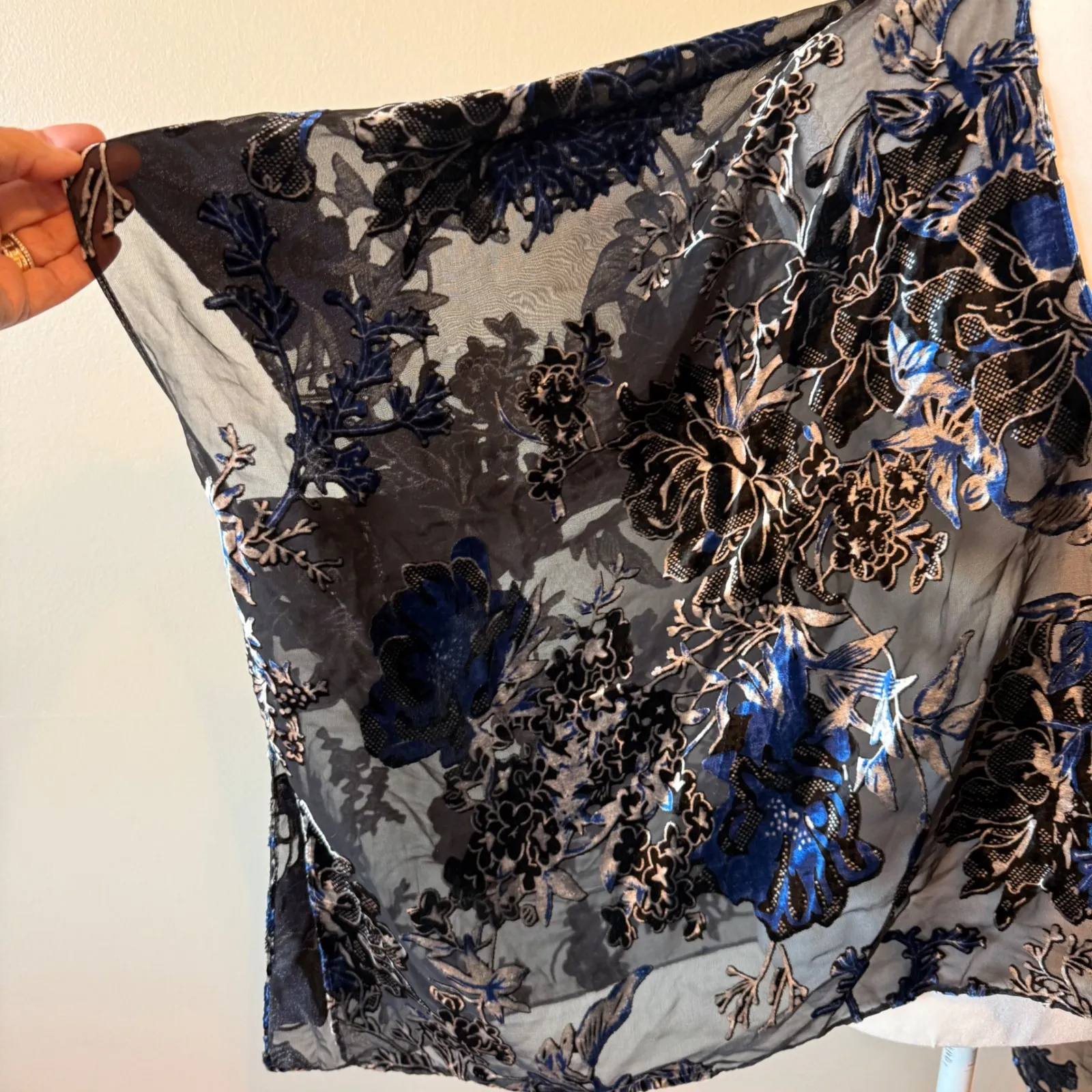 Sheer Floral Kimono Blue Black Burnout Shawl Whimsey Goth Open Front Evening - Image 4