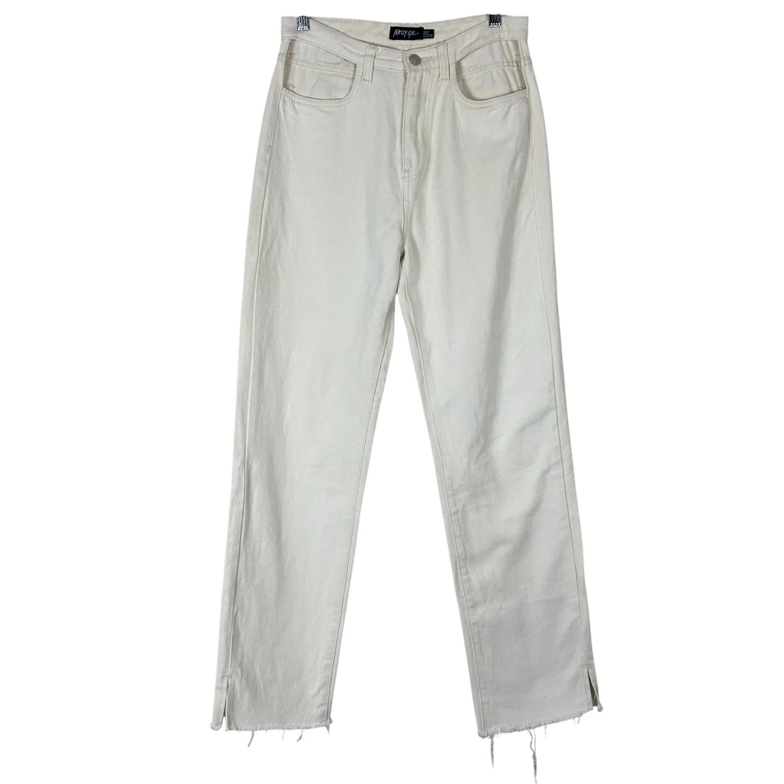 Nasty Gal Cut Out Pocket Jeans Womens 6 Cream Frayed Split Hem Straight Leg 90s - Image 3