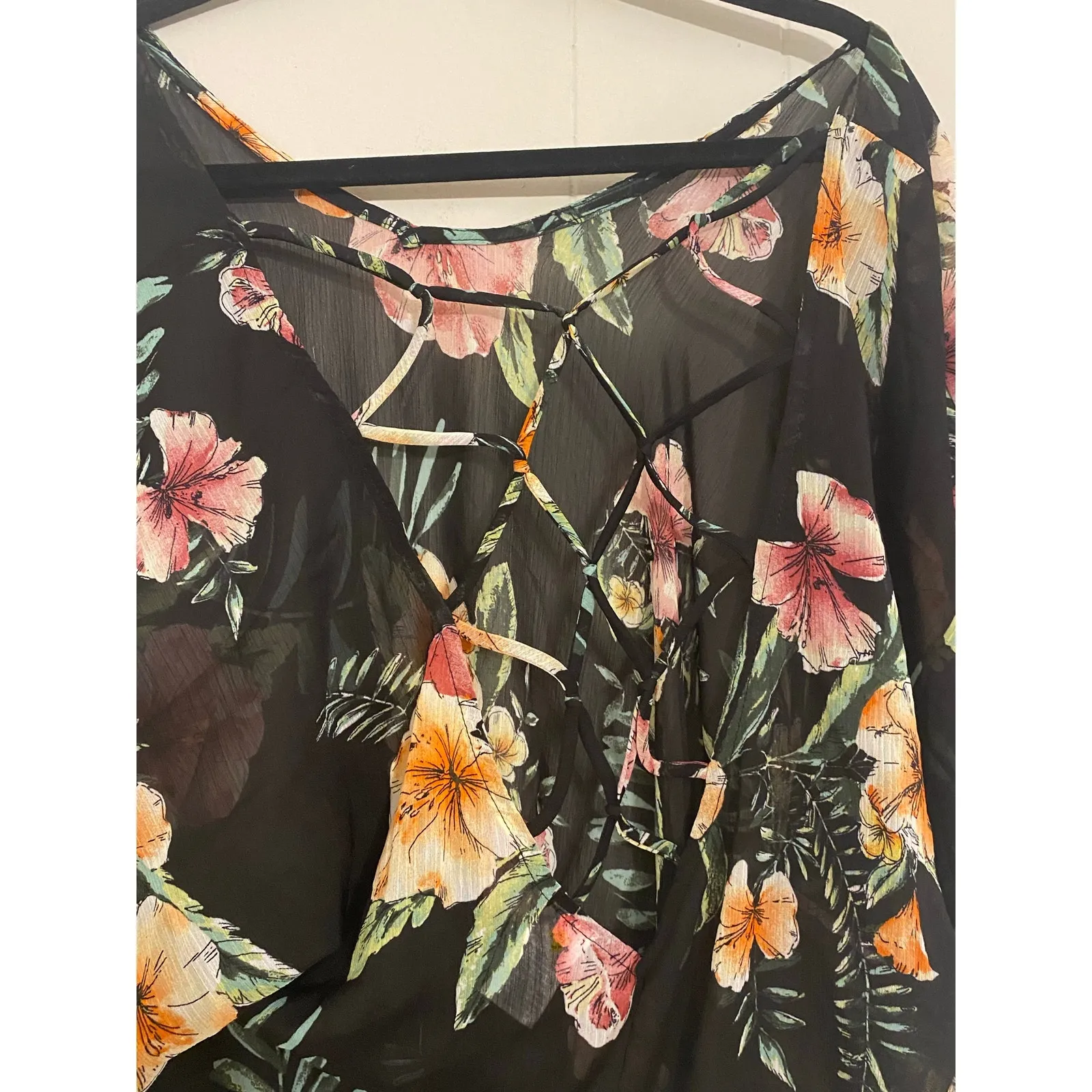 Kona Sol‎ Tropical Floral Black Swim Cover-Up Tassle Webbed Back XL Beach Resort - Image 3