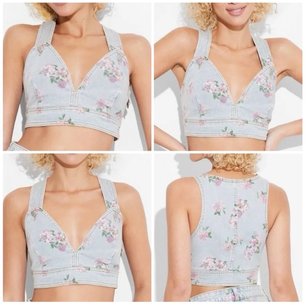 NWT! Wild Fable Cropped Floral Light Wash Denim Vest Large blue pink 90s vibes - Image 2