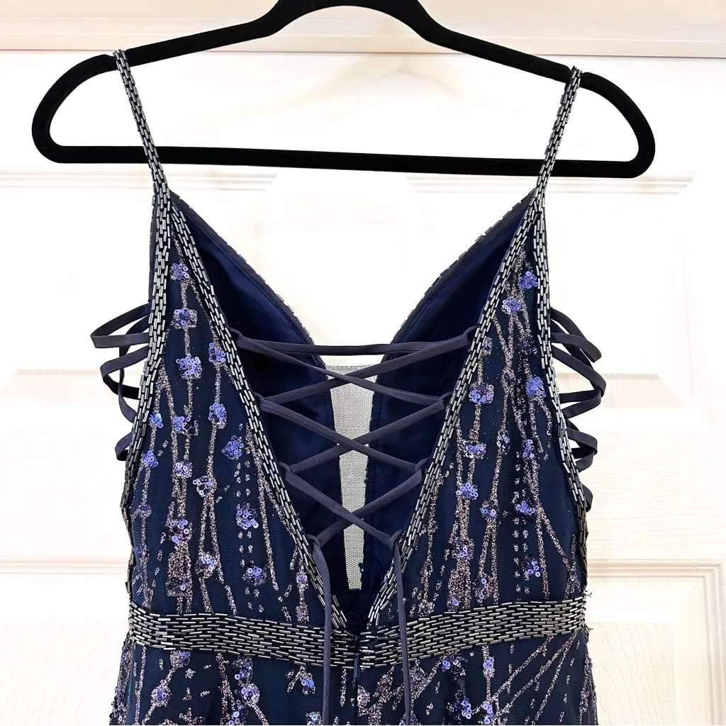 Ellie Wilde Mon Cheri Prom Dress Blue Lace up Sequin Style #EW119066 sz 0 - Image 9