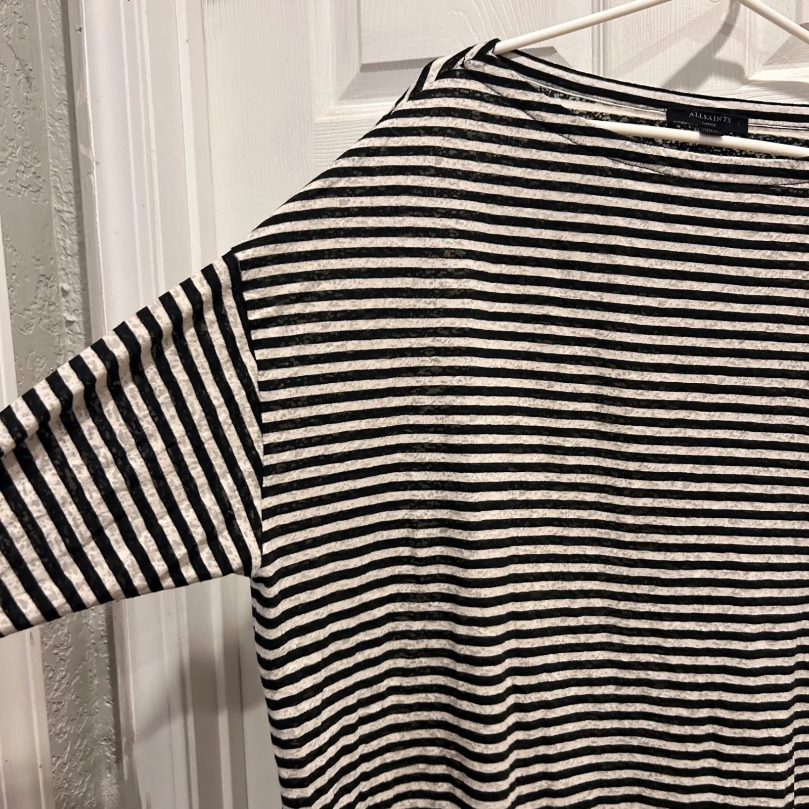 ALLSAINTS Rita Stripe Long Sleeve Boat Neck Top Shirt Womens L Black White Size L - Image 7
