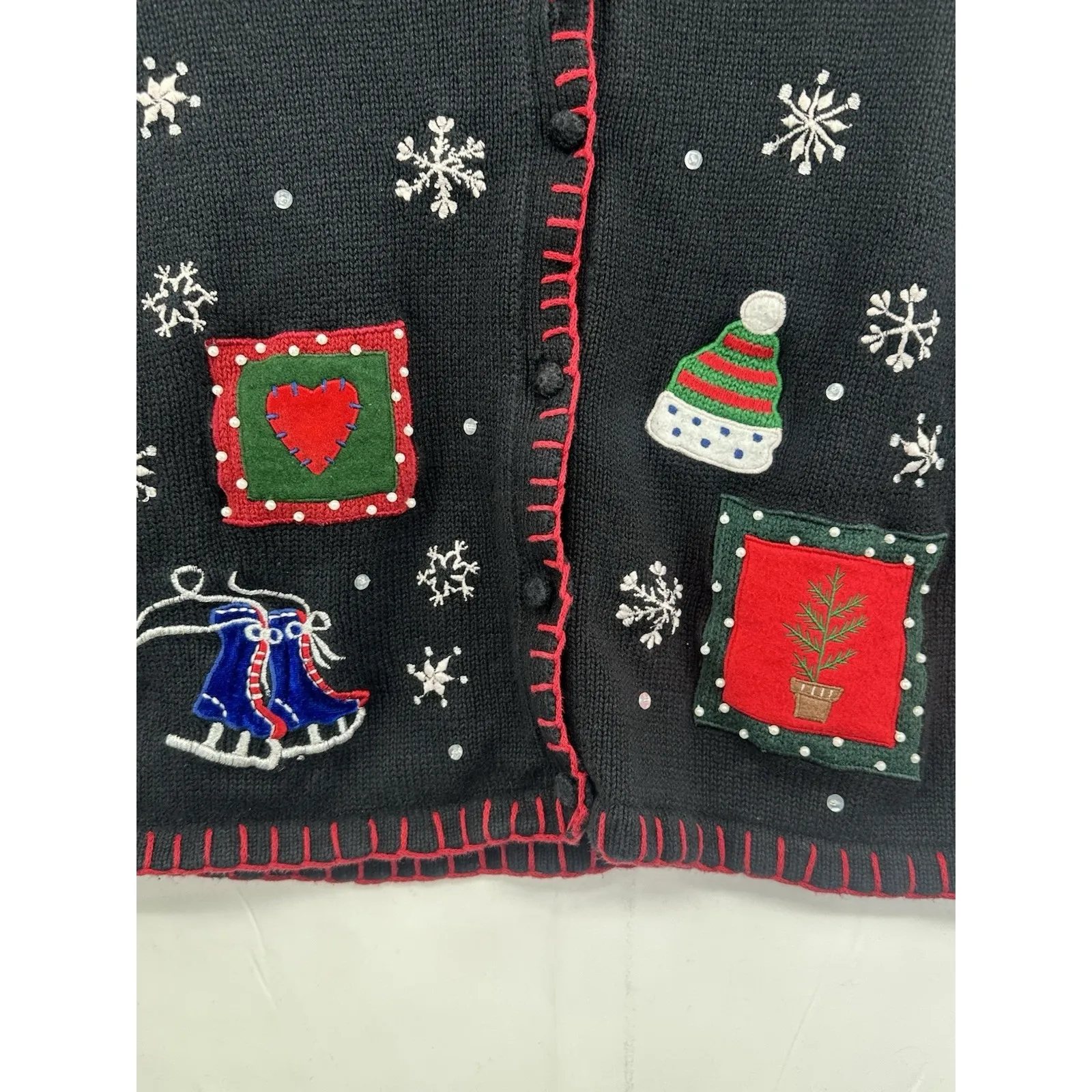 Basic Editions Black Cardigan with Festive Christmas Sweater Vintage Medium - Image 6