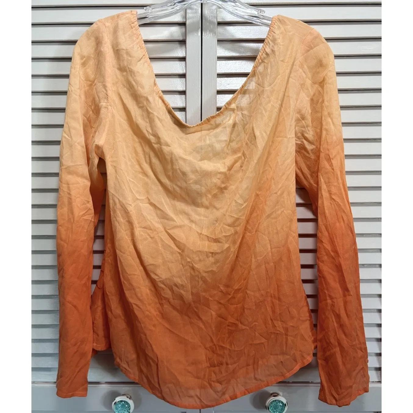 Magazine Orange Blouse Size L Sheer Long Sleeve Chiffon Tie Neck‎ Beads - Image 6