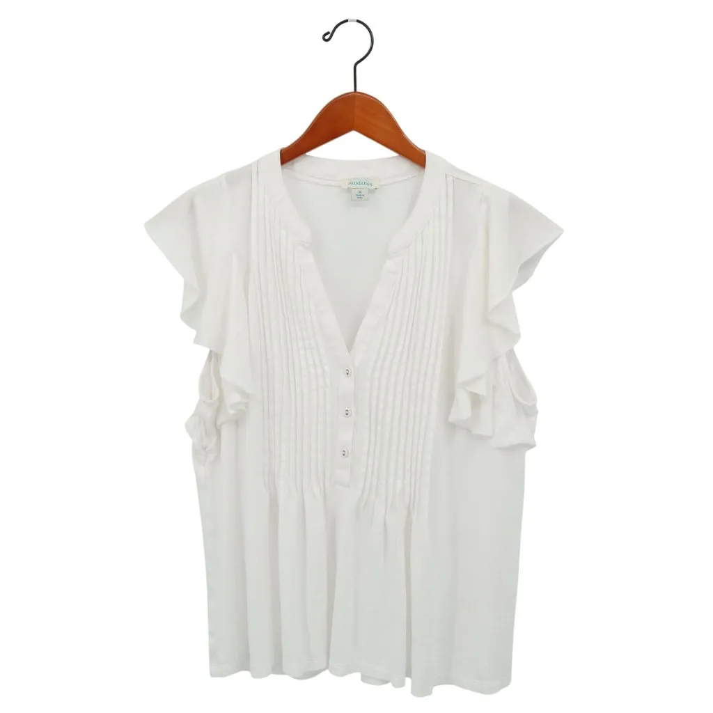 Sundance White Kalina Top Women's Split V Neck Pleated Flutter Sleeve M - Image 2