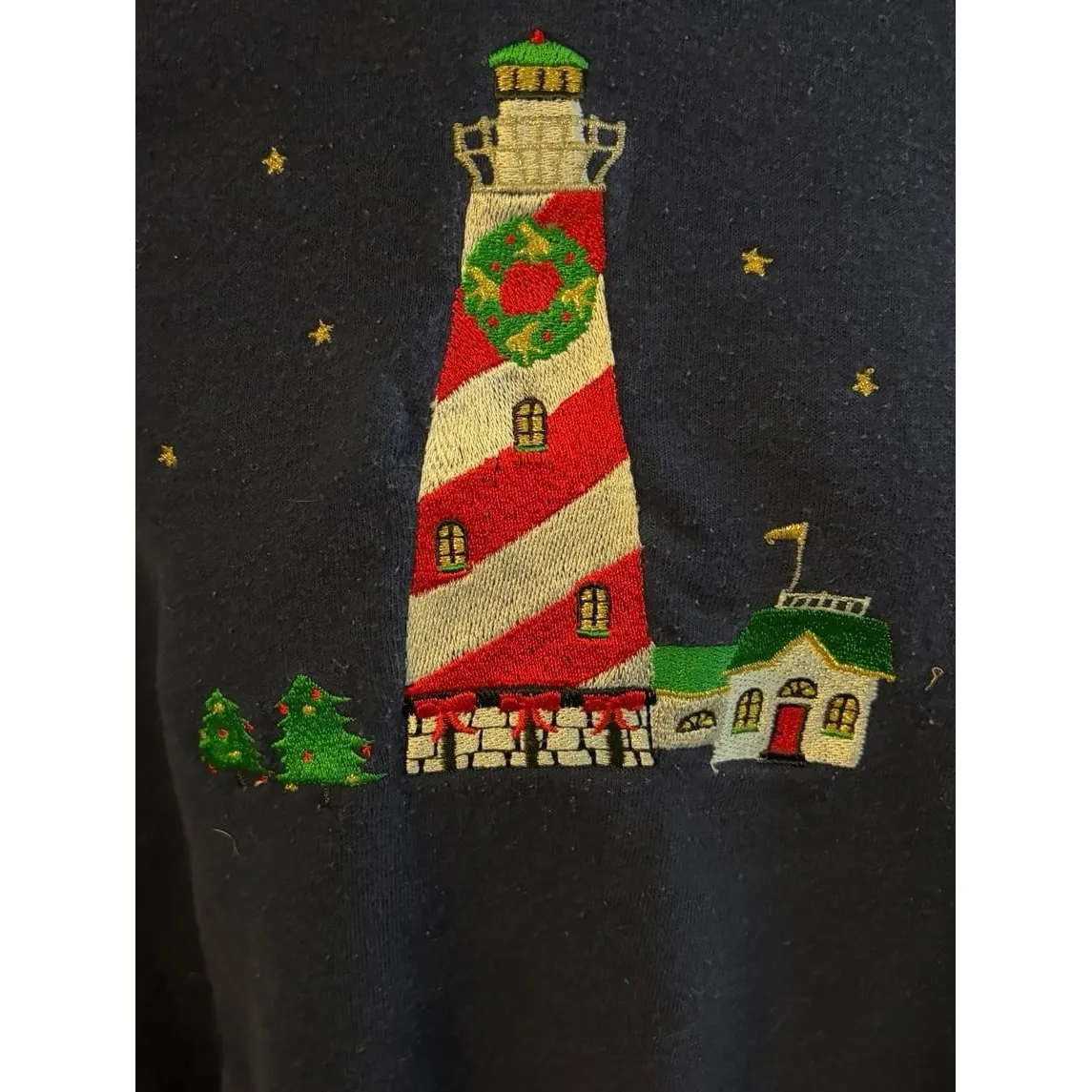 Women's Navy Blue Embroidered Winter Lighthouse Graphic Sweatshirt Size Small - Image 2
