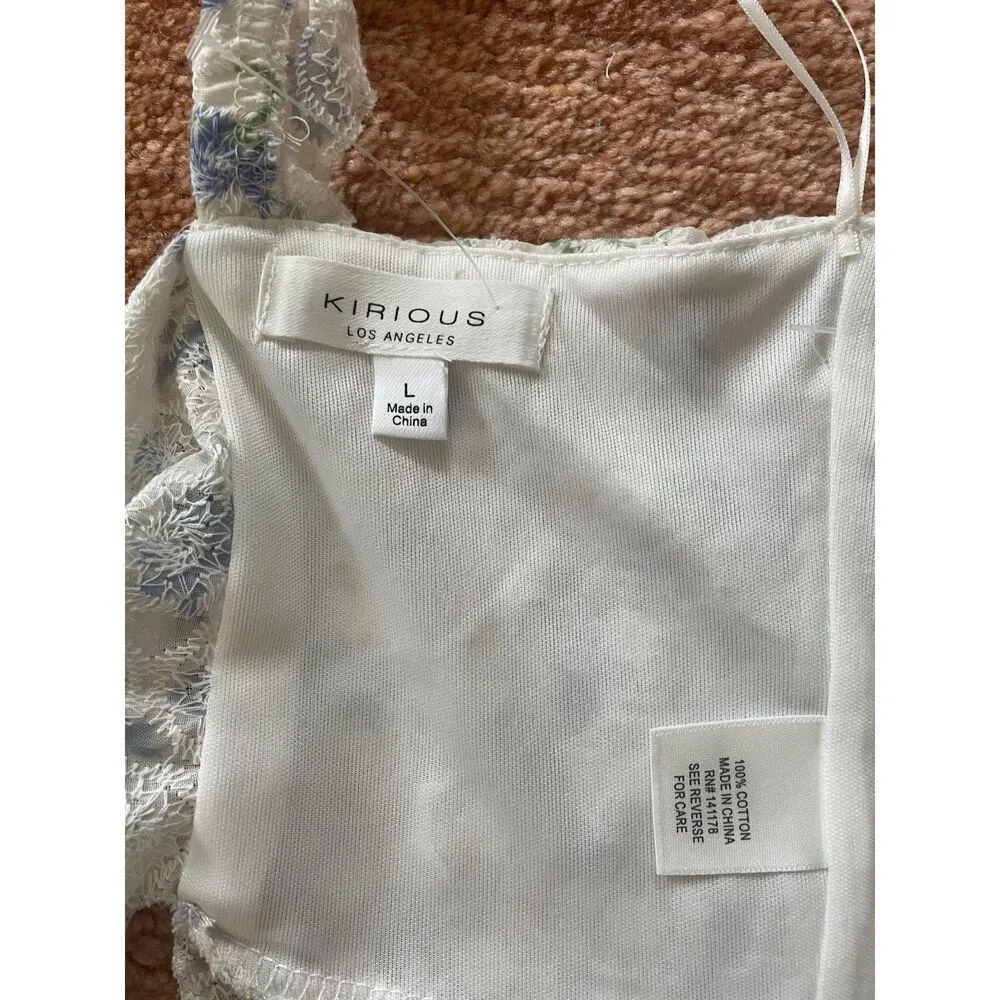 Kirious Los Angeles Embroidered Floral Crop Top L Ruffle Straps Tie Back NWT White Size L - Image 3