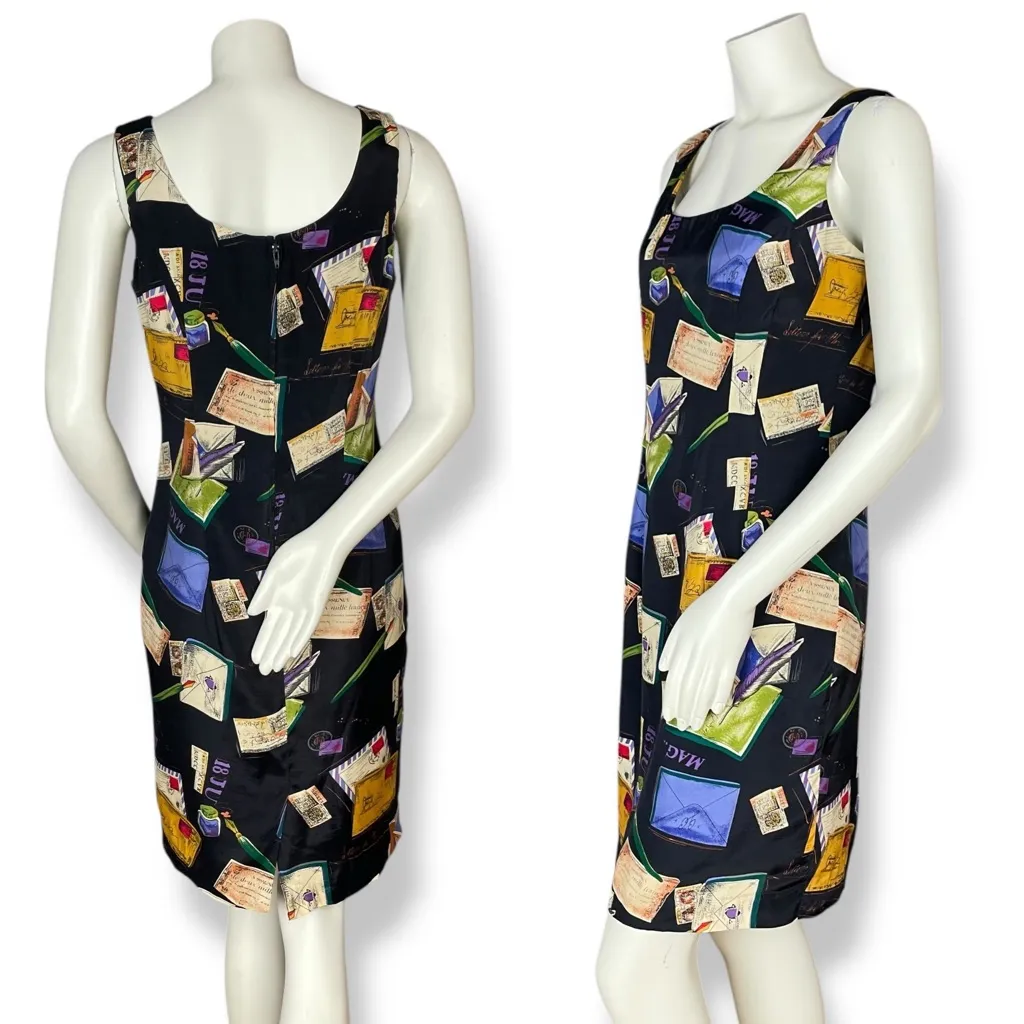 Vintage Novelty Print Dress Stationary Letters Black Sheath Rayon Black Unique‎ Size 6 - Image 3