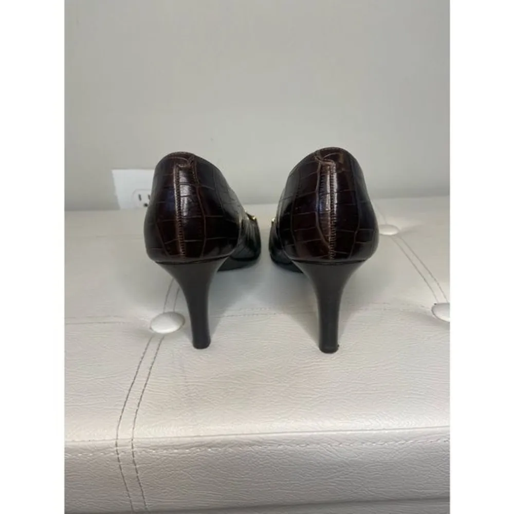 Lauren Ralph Paulette Alligator Croc Safari Brown Heels Sz 6 B Gold Buckle Logo - Image 4