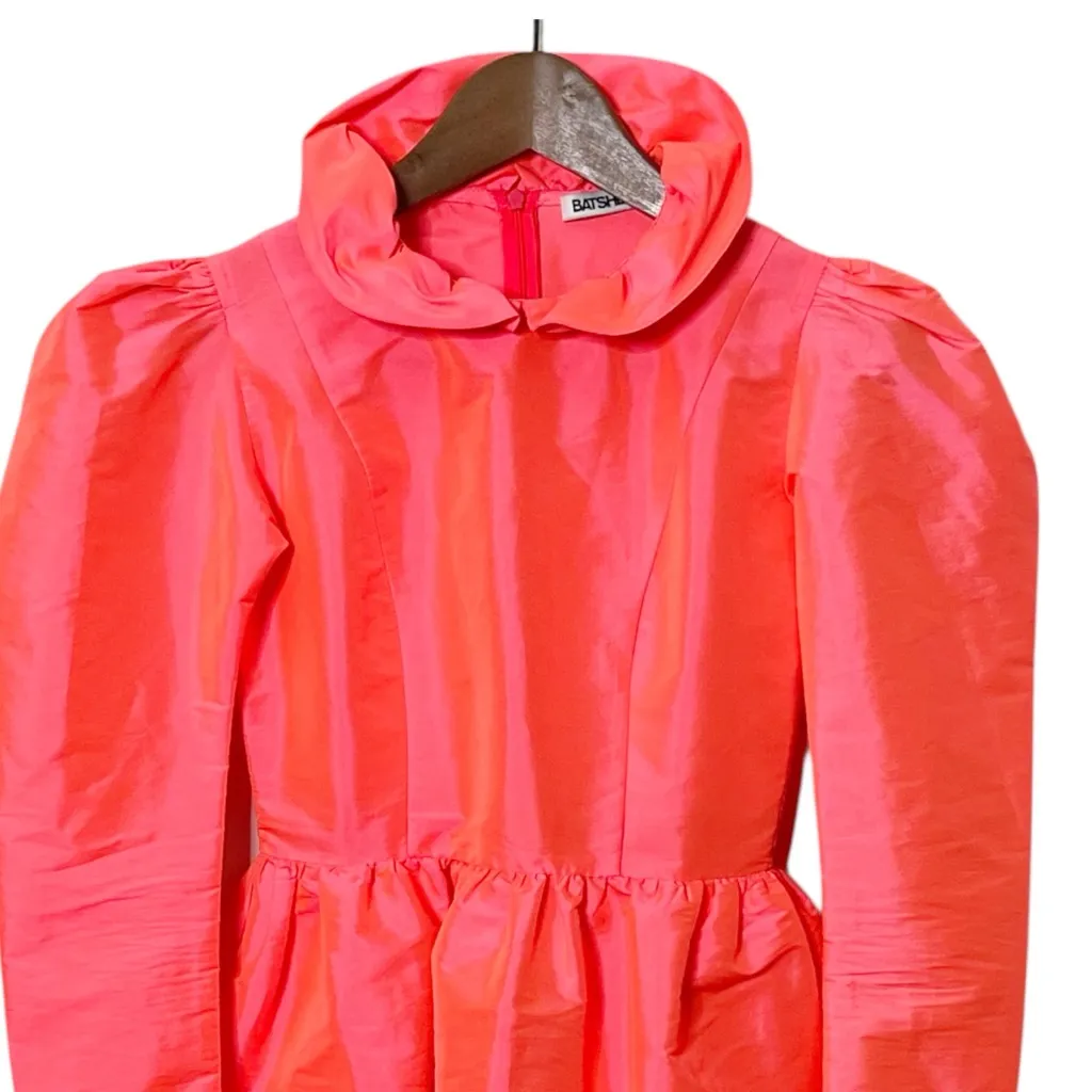 Batsheva Womens Ruffle Edge Taffeta Prairie Mini Dress Long Sleeve Neon Size 0 Pink - Image 4