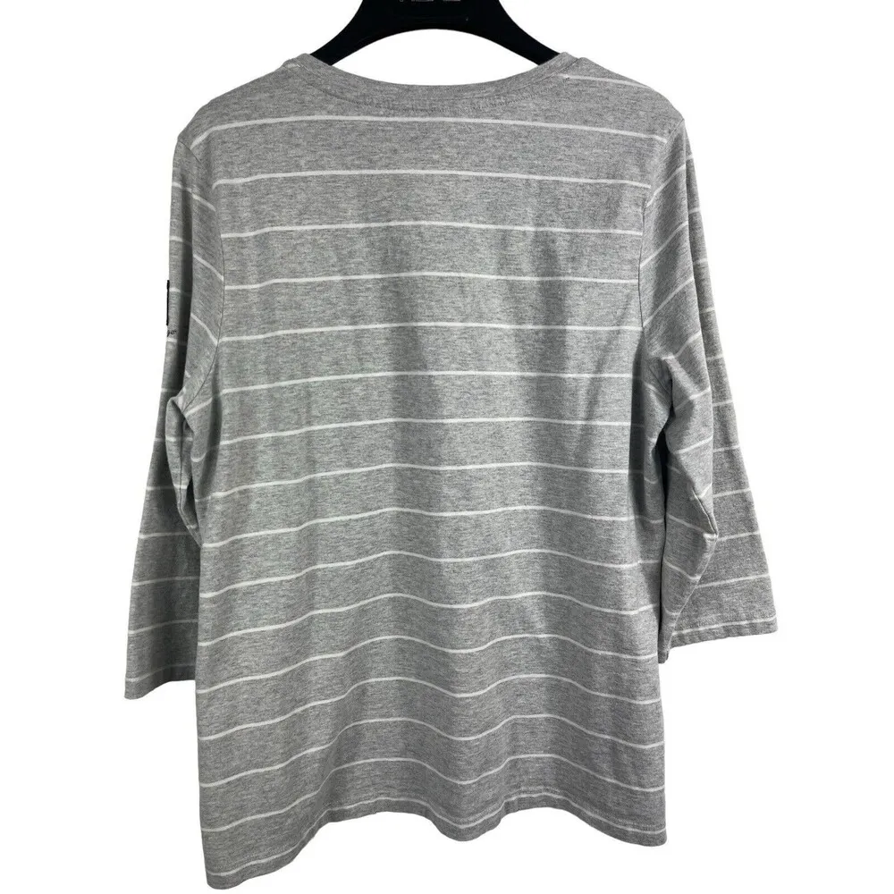 Tommy Hilfiger Y2K Grey Cotton Striped Pullover 3/4 Sleeve H Logo Top XL - Image 7