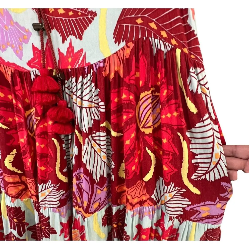 Anthropologie Omika Dress M Red Orange Floral Maxi Boho Tiered Tassel Pockets - Image 5