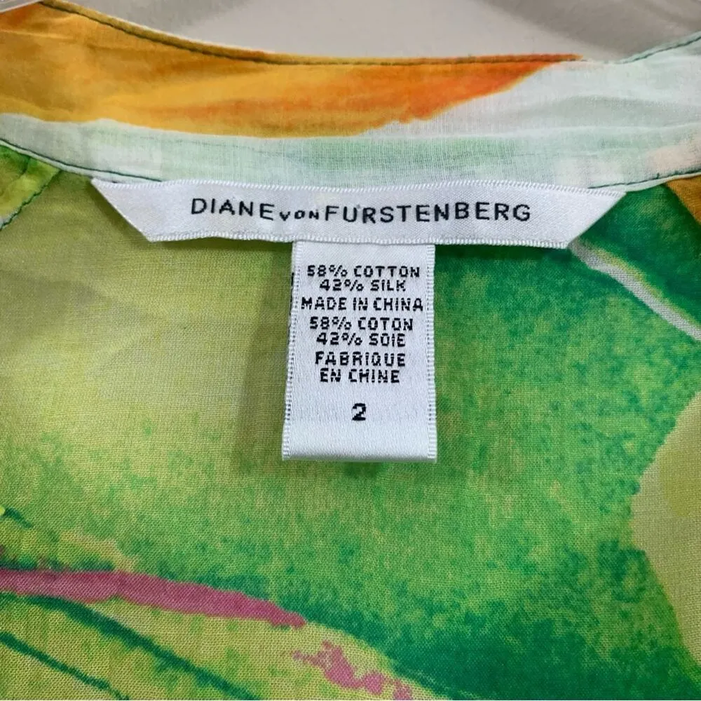 Diane Von Furstenberg Silk Floral Floral Printed Sheer Green/White Locke Tunic - Image 3