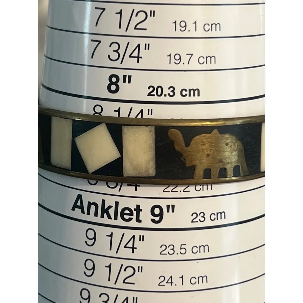 Vintage Brass Bangle Bracelet Mother of Pearl Inlay Elephant Trunk Up India 8.5" Black - Image 5