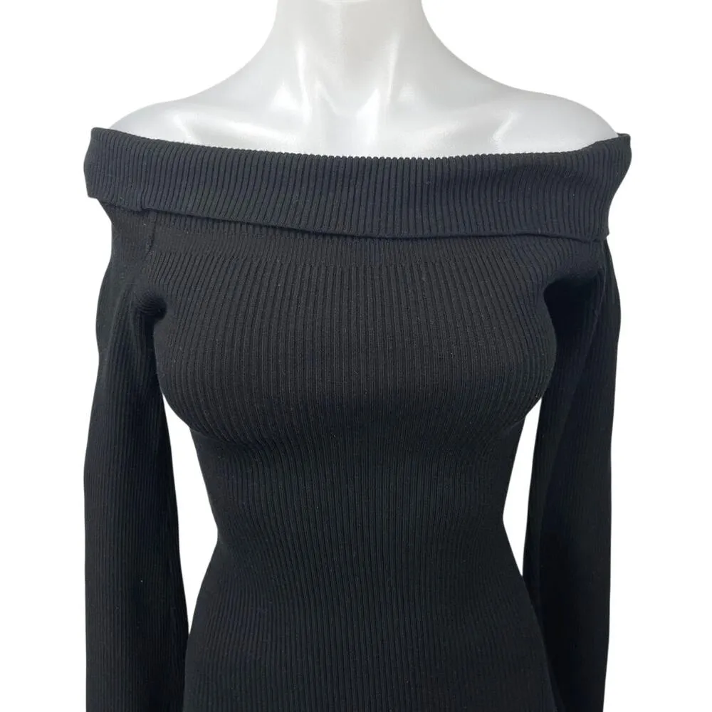 Tiger Mist Black Rib Knit Off Shoulder Long Sleeve Mini Bodycon Sweater Dress S - Image 3