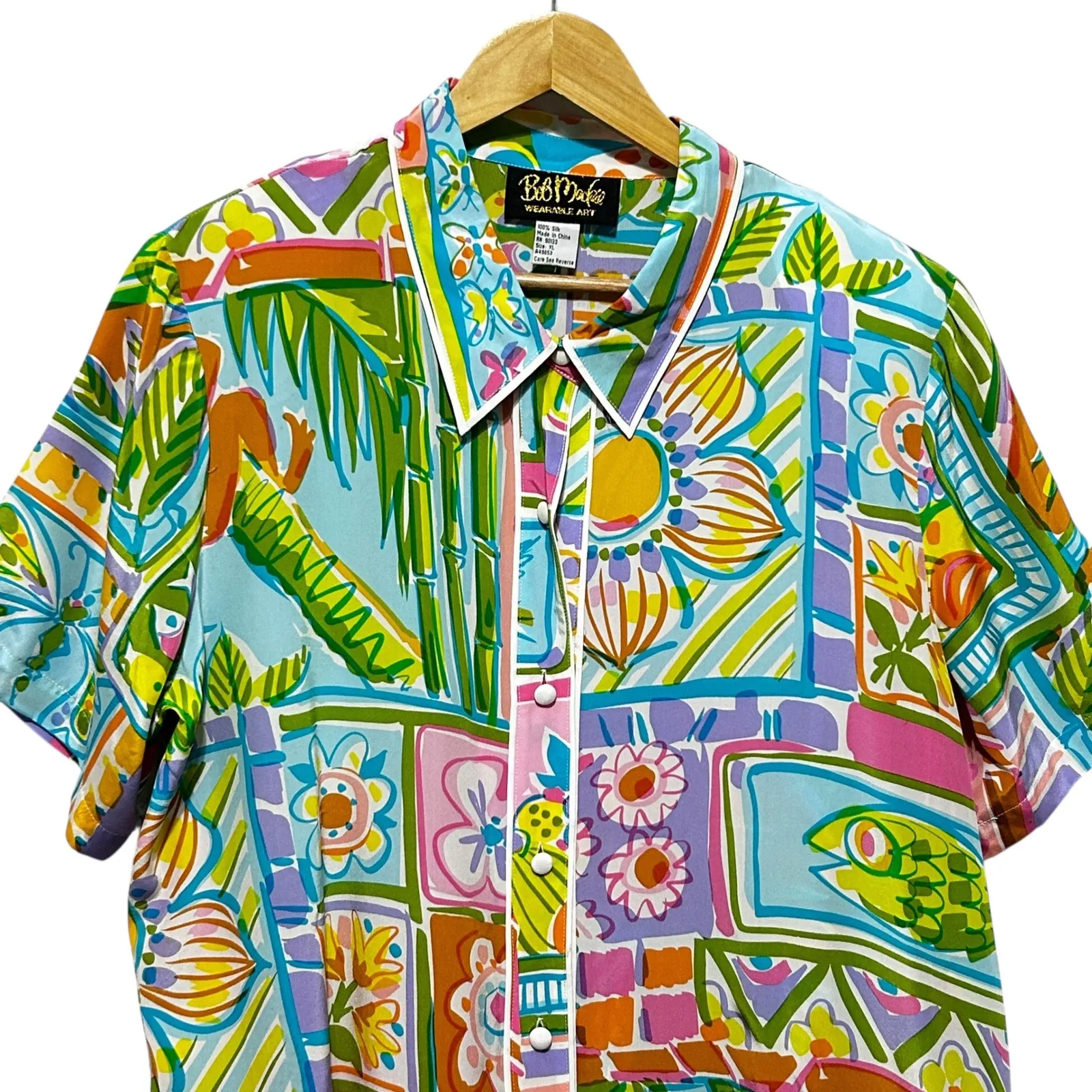 Bob Mackie Womens XL Silk Top Blouse Vibrant Wearable Art‎ Tropical Jungle Print - Image 3