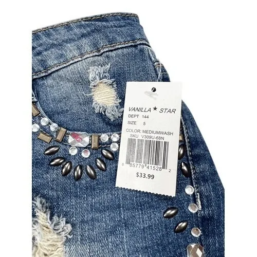 Vanilla Star Medium Wash Embellished‎ Stretch Cutoff Jean Shorts Size 5 NEW - Image 6