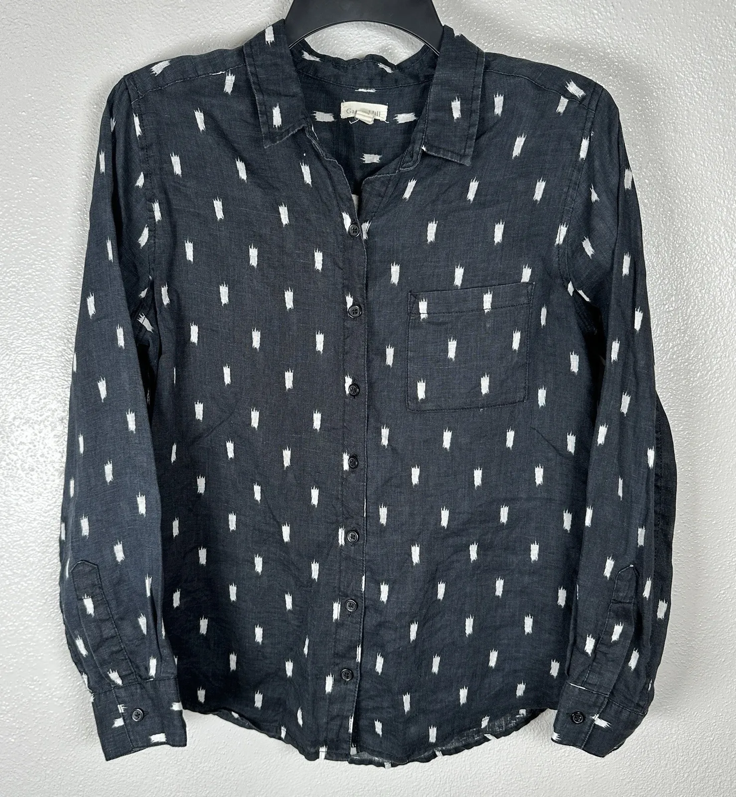 Garnet Hill Womens 4 100% Linen Button Down Shirt Top Navy Blue White Southwest - Image 1