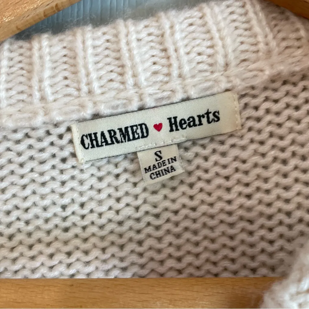 Charmed Hearts Women's S Pearl Embellished Cream Fancy Knit Long Sleeve Sweater - Image 3