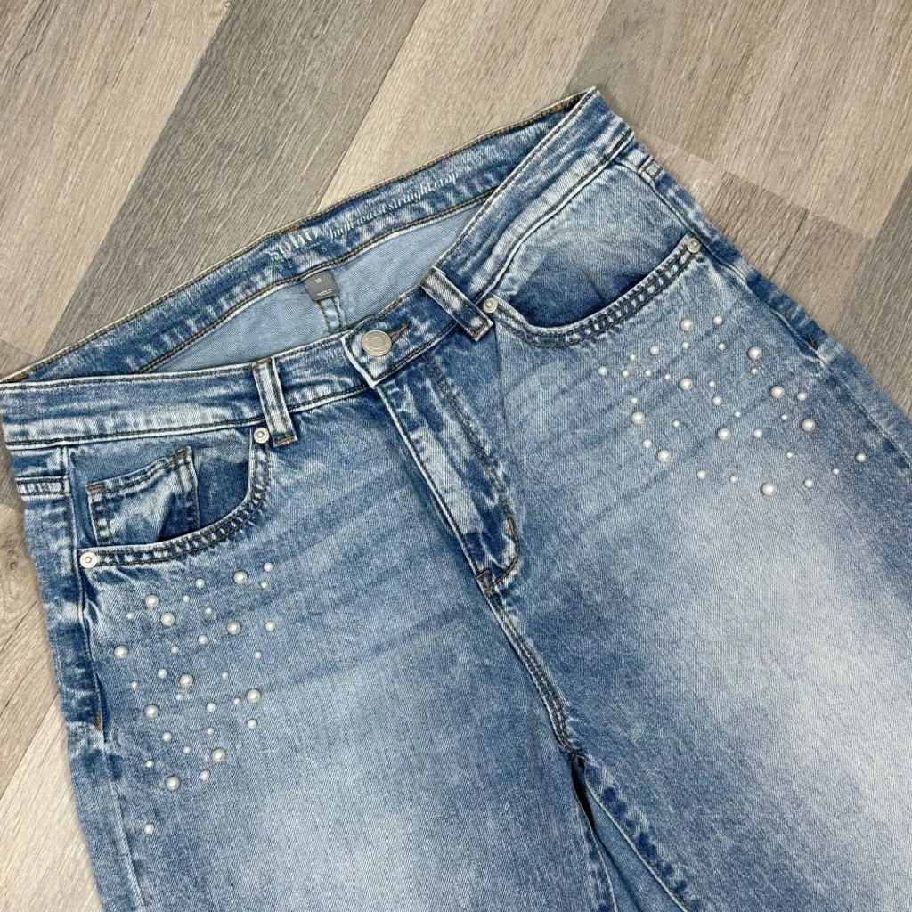Soho Pearl Embellished Pockets Stone Washed High Waist Crop Jeans Blue 10 - Image 4