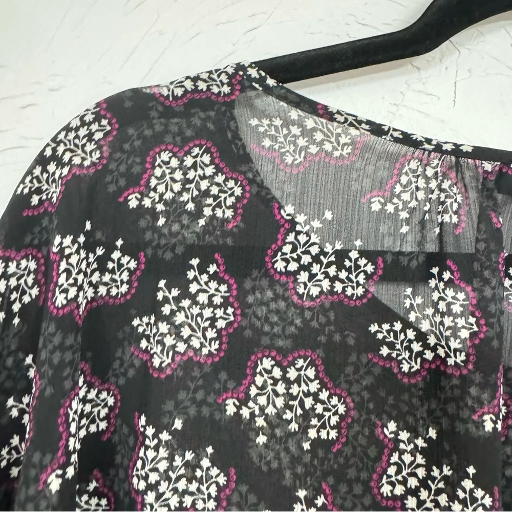 Anna Sui Black Ditsy Floral Blouse Womens L Sheer Boho Peplum Long Sleeve Top - Image 7