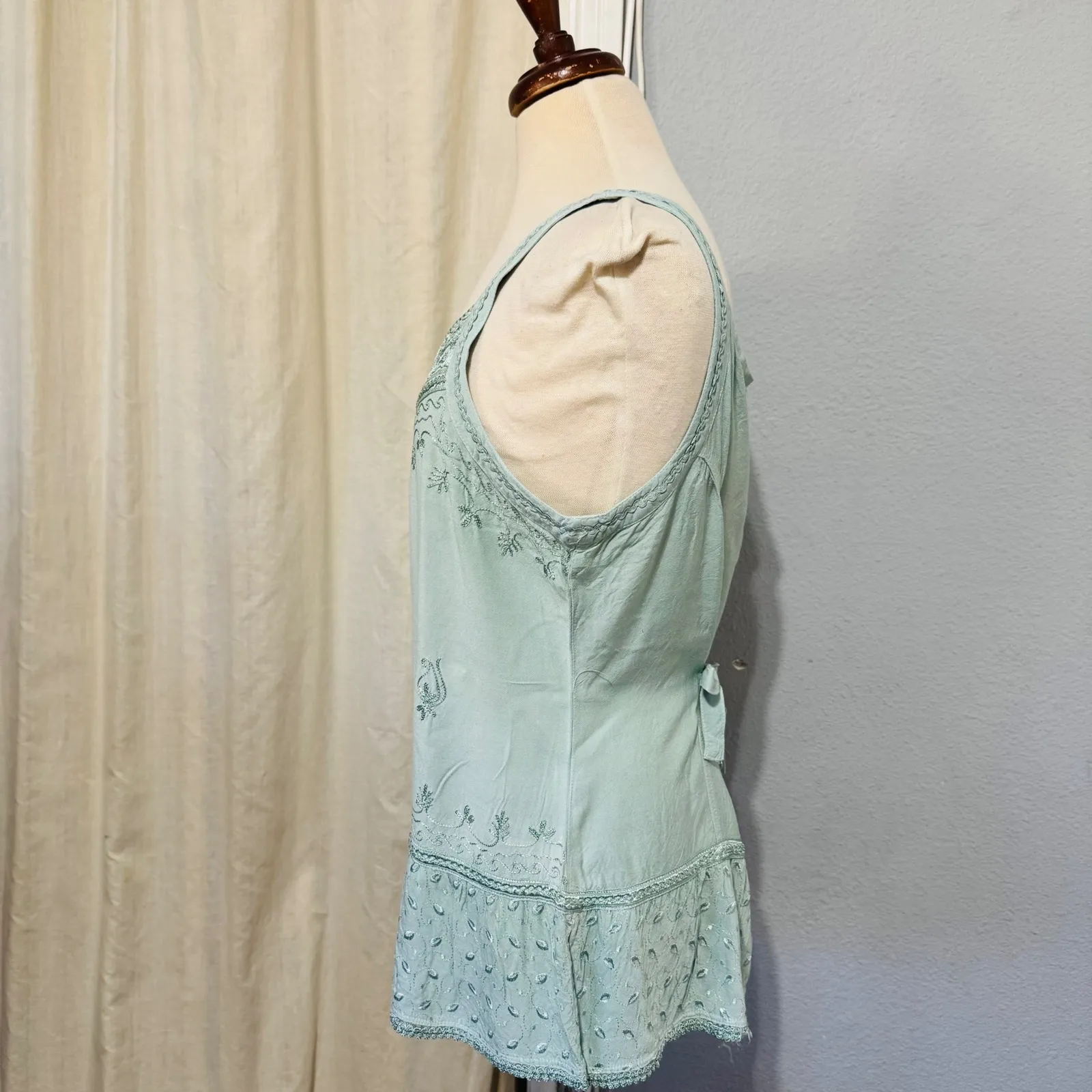 Braja Women Bohemian Embroidered Peasant Tunic Top Seafoam Green Size 2 Self Tie - Image 3