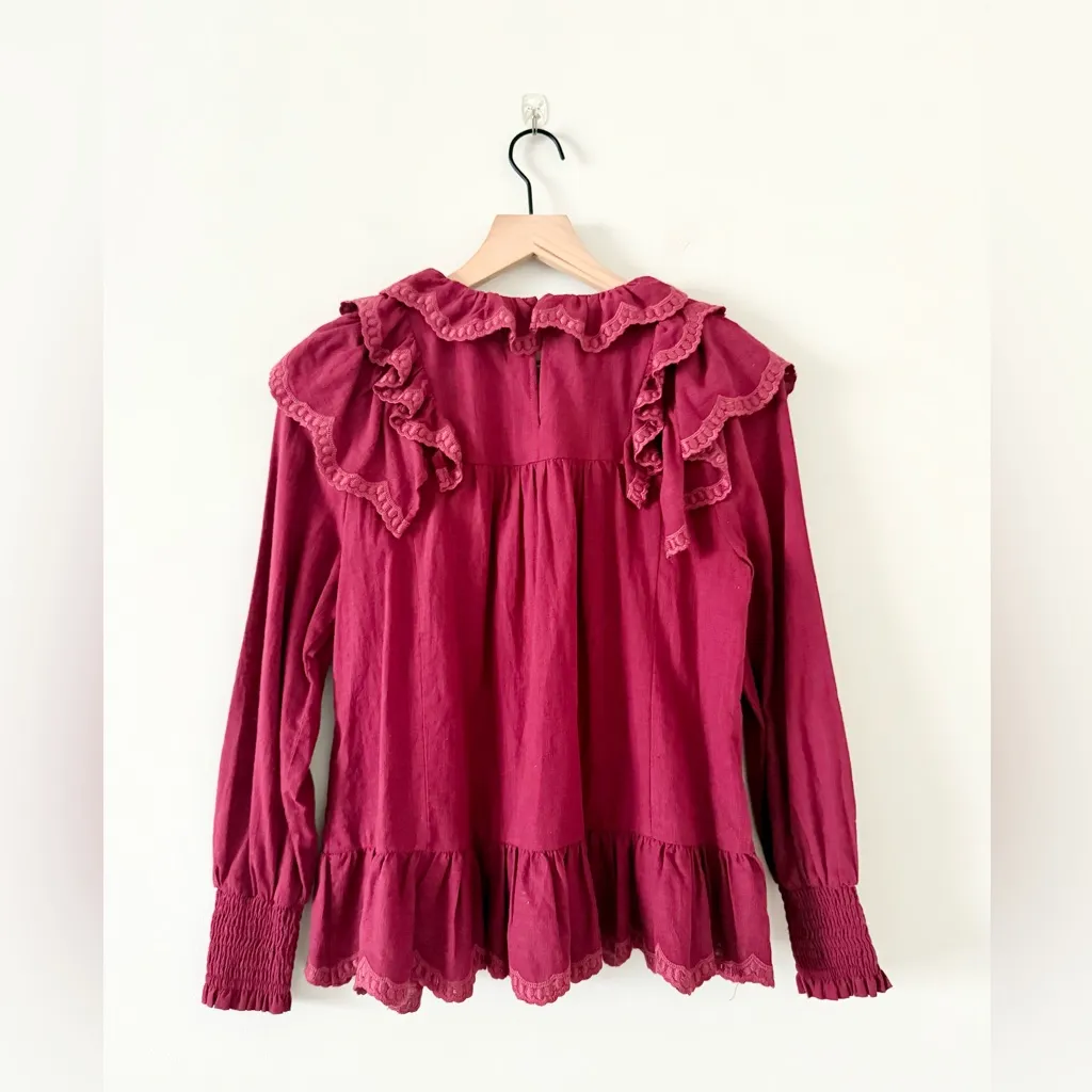 Böhme Edith Ruffle Long Sleeve Cotton Blouse in Burgundy - Size XS - Image 4