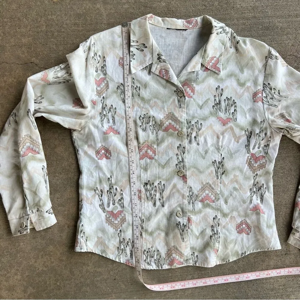 Vintage 90s Pastel Desert Chevron Cactus Button Up Cowgirl Western Shirt Green Size M - Image 9
