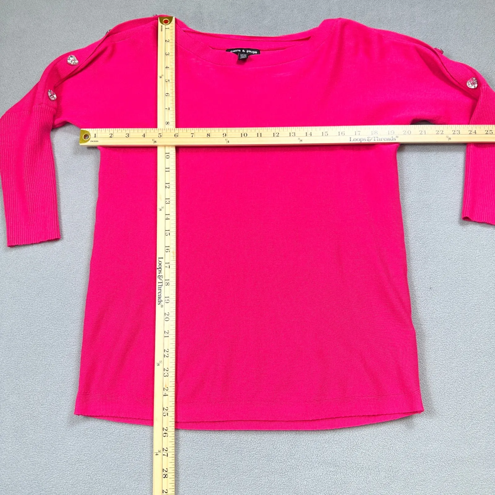 Cable Gauge Sweater Womens S Pink Jewel Button Crew Neck Long Sleeve Sparkling - Image 3