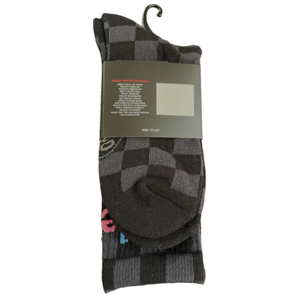 Petals and Peacocks Smile More Checkered Crew Socks Black Gray One Size - Image 2