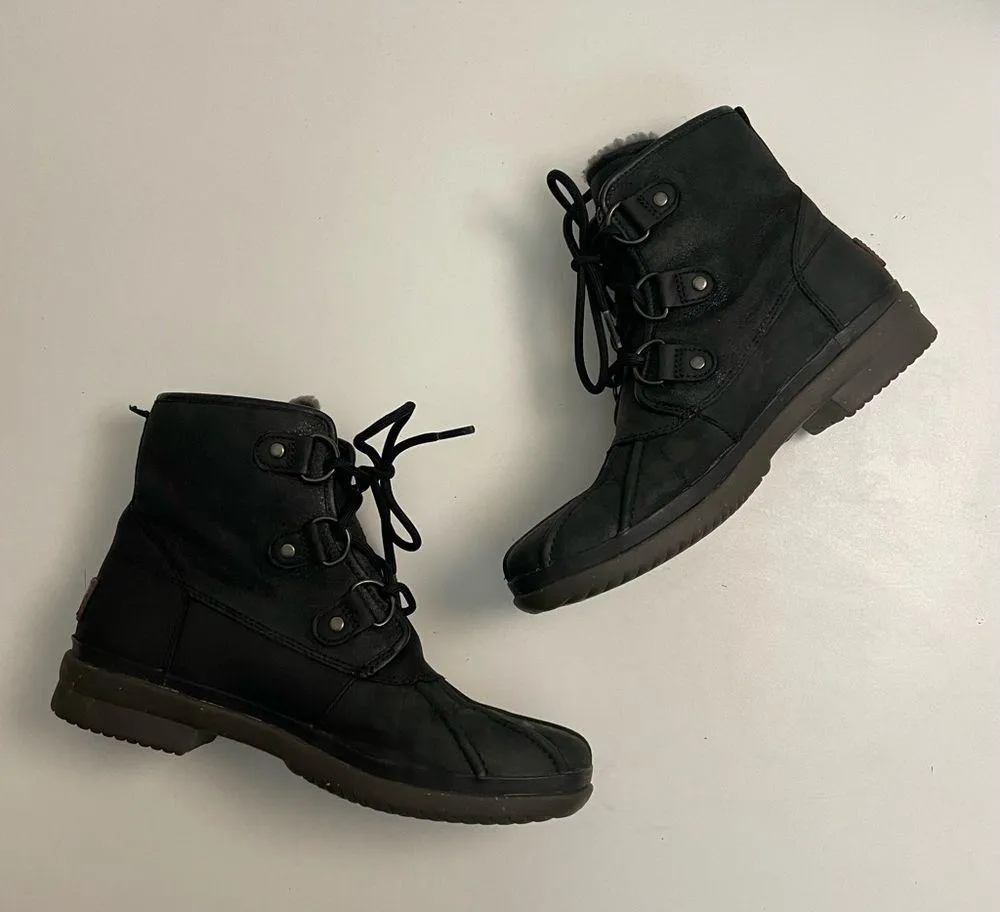 Ugg Boots Cecile Duck Utility Fur Sheepskin Lined Buckle Lace Up Rain Snow Black - Image 6