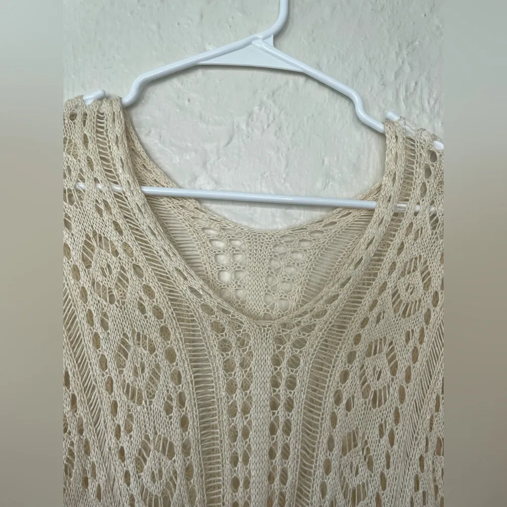 Vintage Womens Tunic Coverup Beige Crochet Tassel Relaxed Sheer Hippie Boho; M Tan Size M - Image 4
