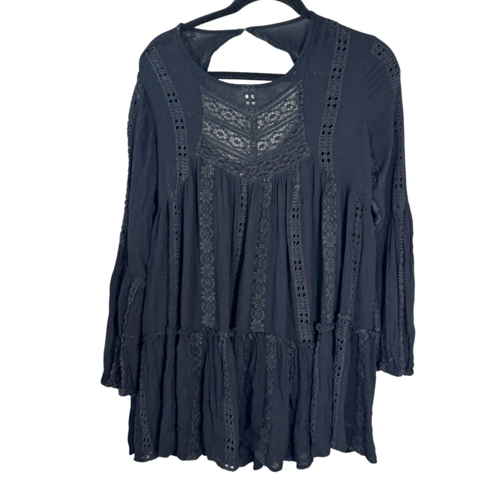 Free People Kiss Kiss Tunic Eyelet Boho Bohemian Flowy Oversized Black XS - Image 10