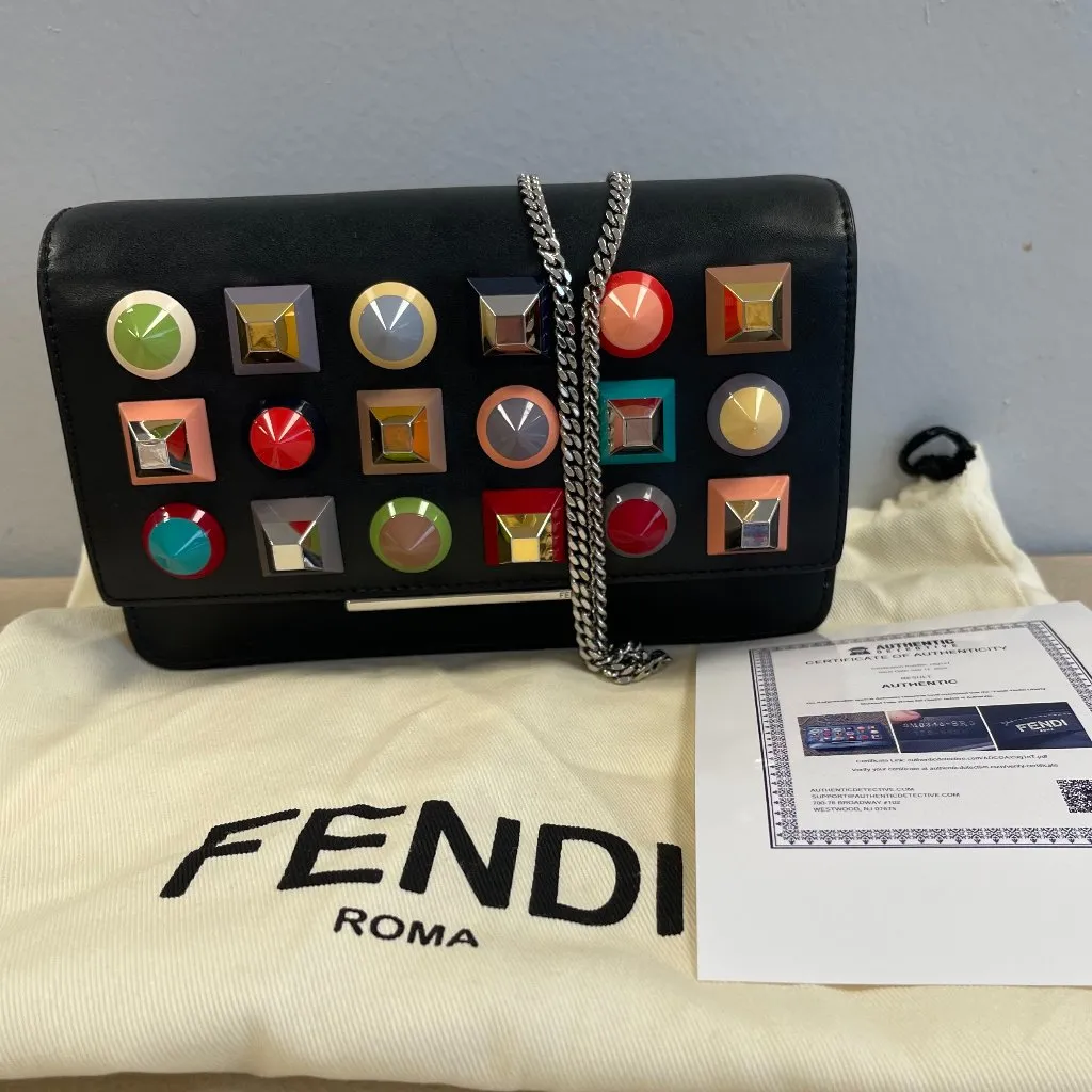 Fendi Rainbow Studded Black Calfskin Leather Tube Wallet on a Chain - Preowned - Image 5