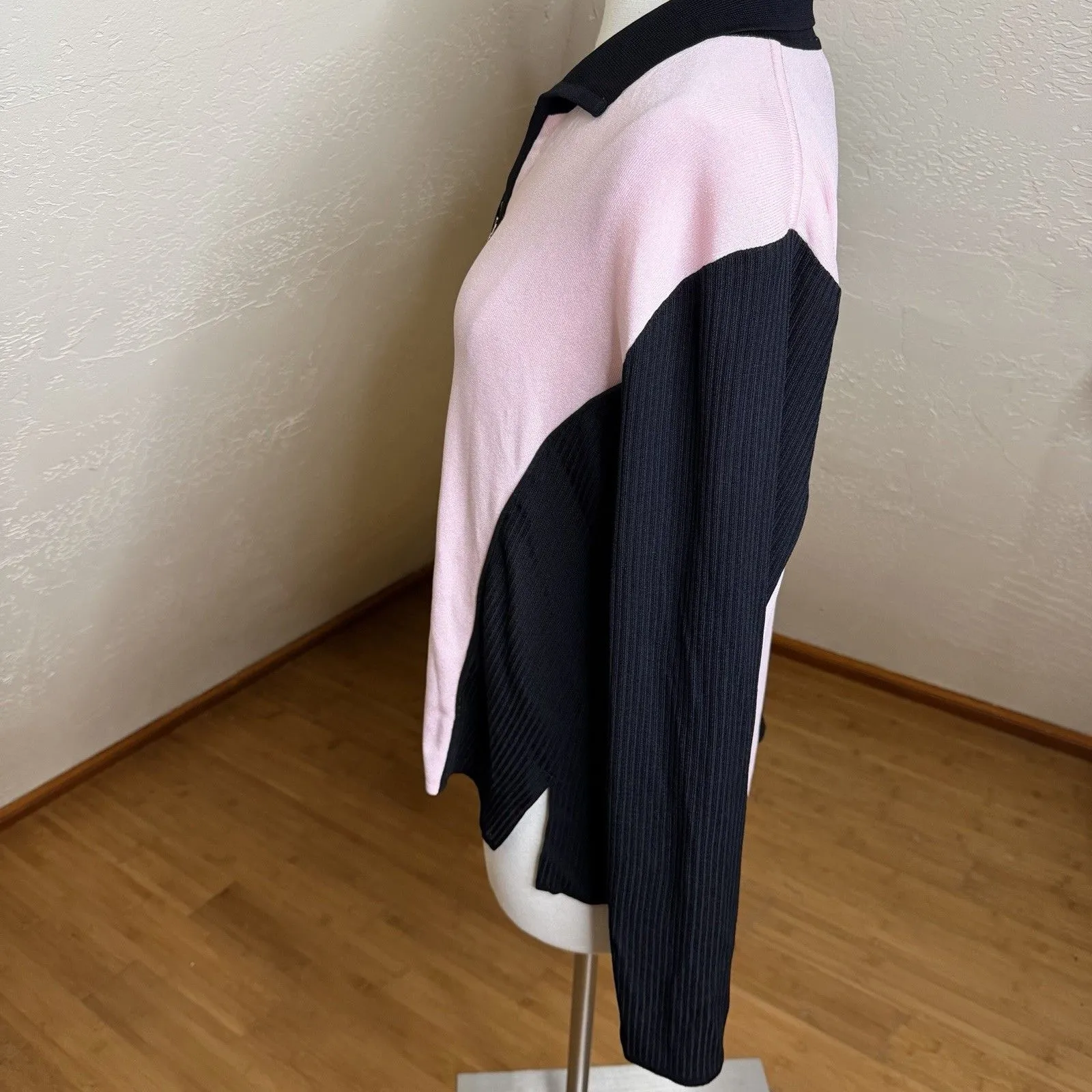 Misook Zip Front Knit Cardigan Womens M Pink Black Colorblock Long Sleeve Preppy - Image 8