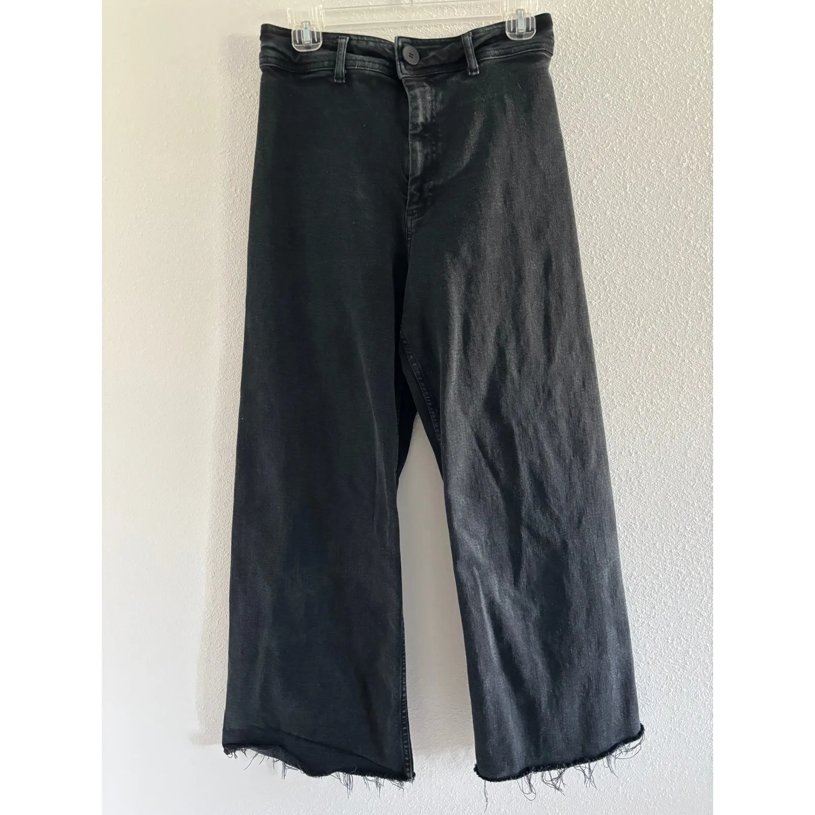 Zara The Marine Straight Leg Jeans Womens 8 Black Wash Denim High Rise Raw Hem - Image 2