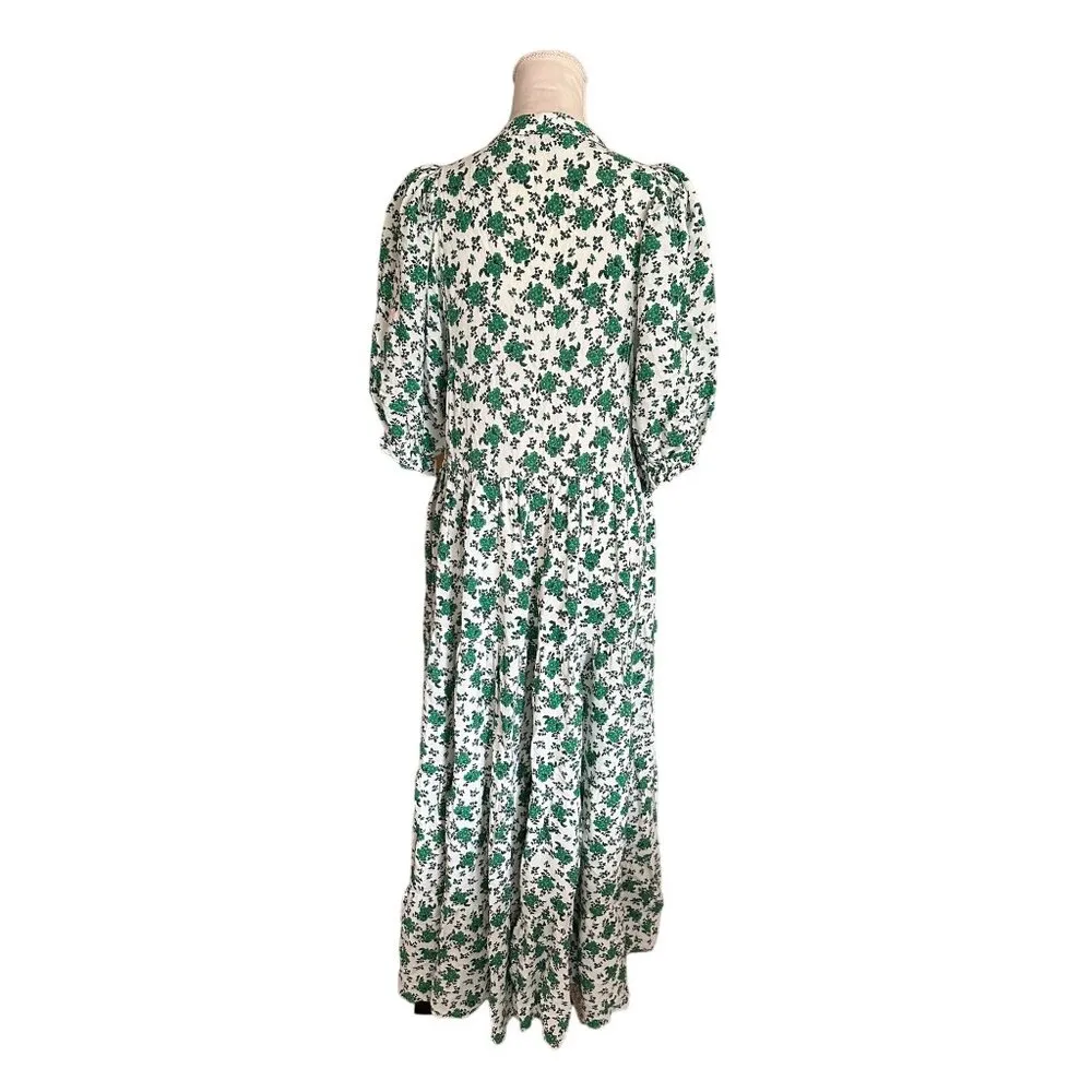 Zara Oyster Floral Print Maxi Prairie Boho Dress Green & White Blogger Favorite - Image 4