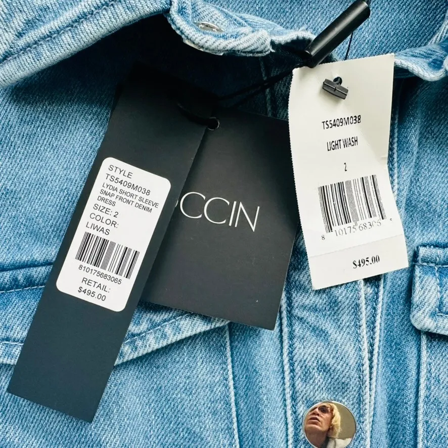 Toccin Lydia Denim Minidress Light Wash Size 2 NEW Short Sleeve Belted Blue - Image 5