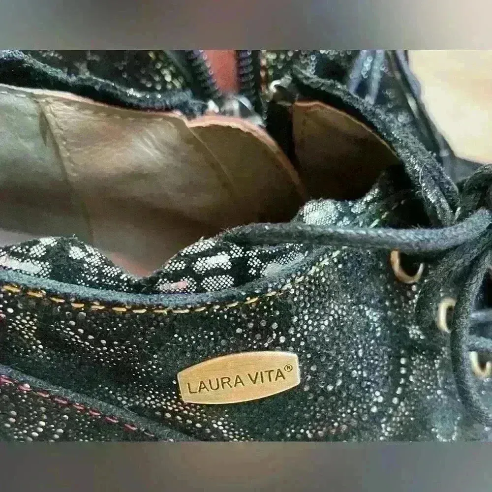 Laura Vida lace up bootie heels with metallic pattern Derbies ELCODIEO 231; 40 Black Size undefined - Image 9