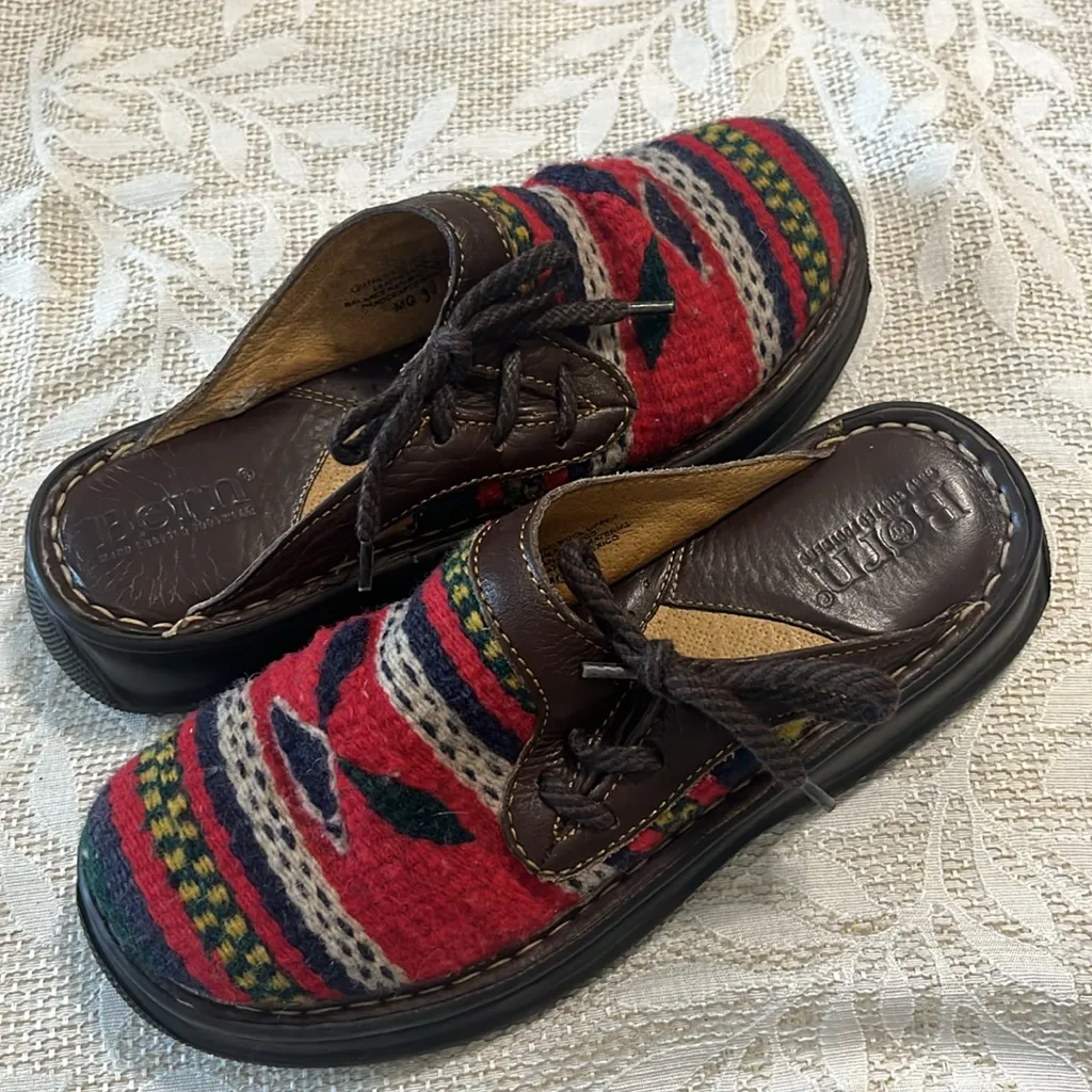 BØRN 1970s Leather Tizoc Wool Aztec Tribal Clogs Size 7‎ Brown - Image 4
