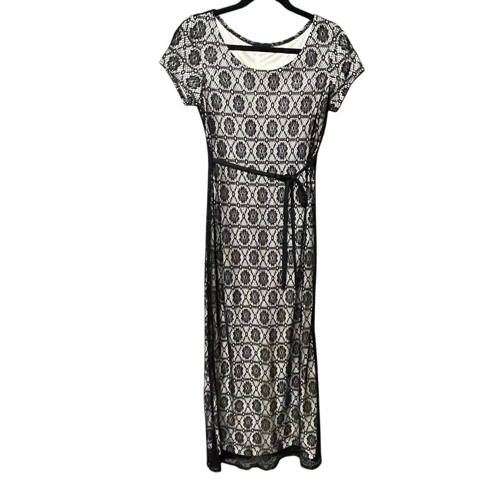Harlow Dresses Black Lace‎ Maxi Dress Sheath Belted Short Sleeve Size 8 - Image 2