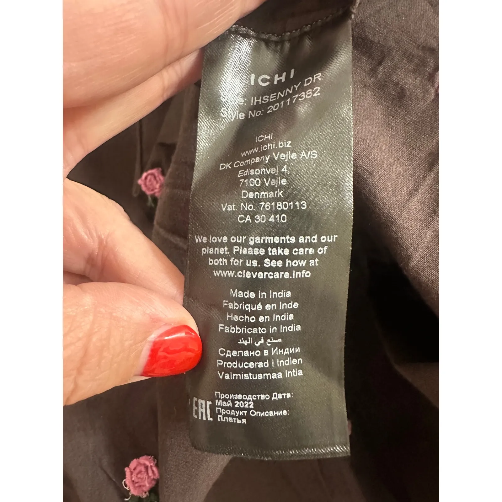 ICHI Mini Dress Brown Cotton Pink Rose Embroidered Button Long Sleeve Size L - Image 8