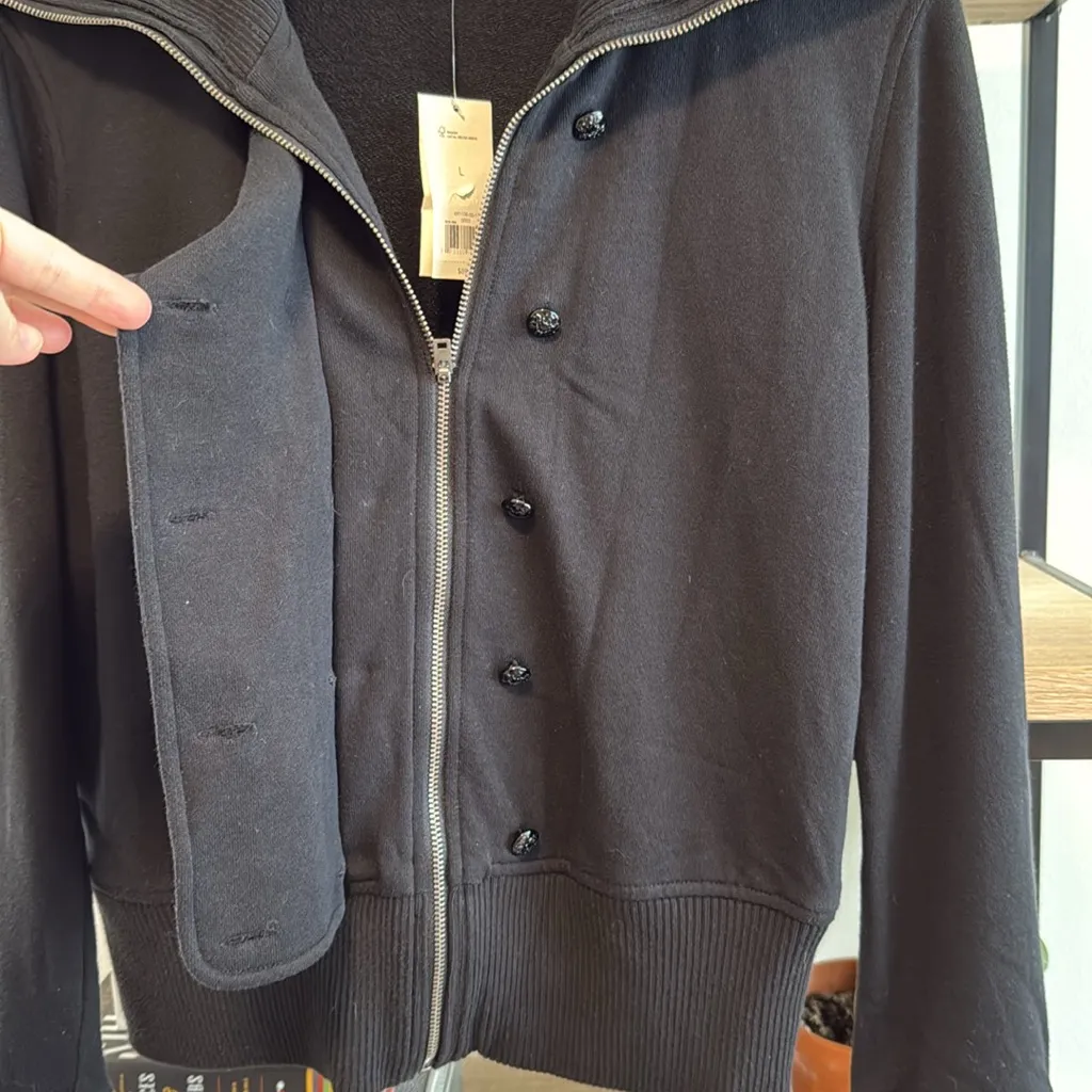 NWT Banana Republic Cotton Black Full Zip Button Military Sweater Jacket, L - Image 4