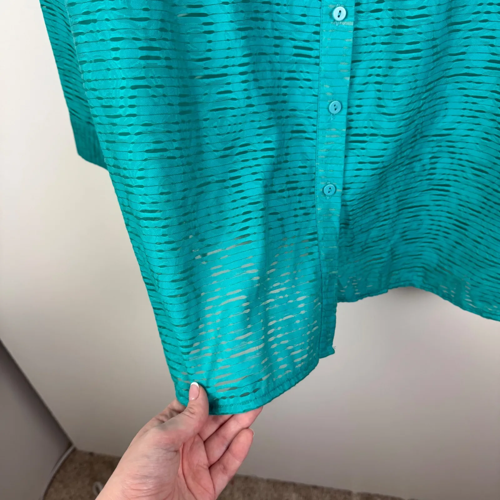 Coldwater Creek‎ Sheer Textured Button Up Shirt Large Teal Long Sleeve Office - Image 3