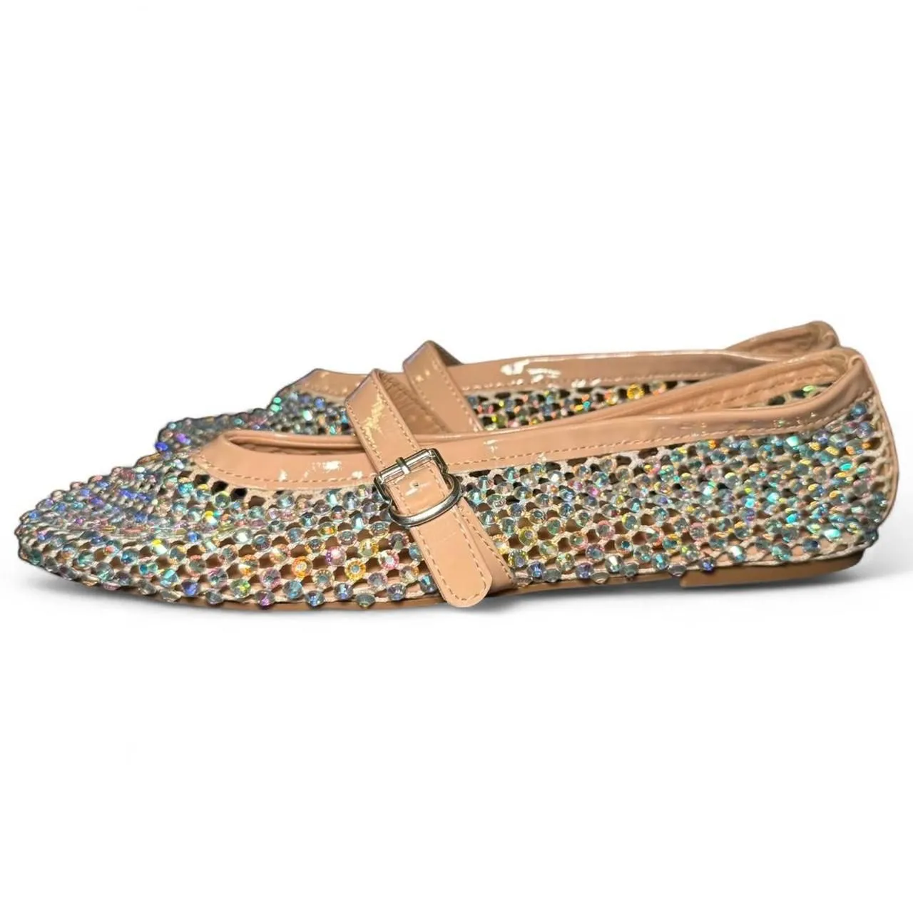 Bamboo Sparkly Mesh Mary Jane Flats Women’s Size 11M Nude Beige Rhinestone Balle - Image 3