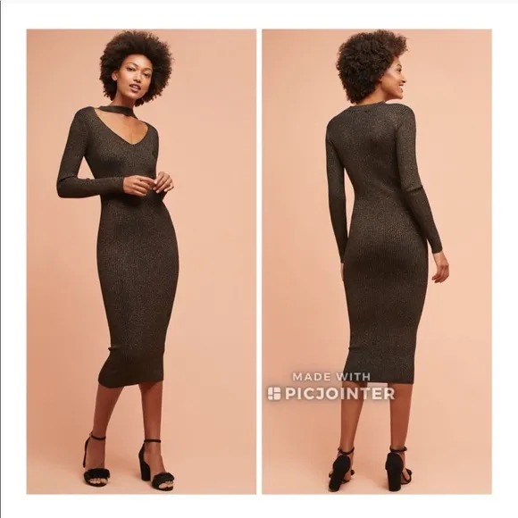 Deby Debo Black Gold Lurex Bodycon Midi Dress S Anthropologie Collar Choker - Image 3