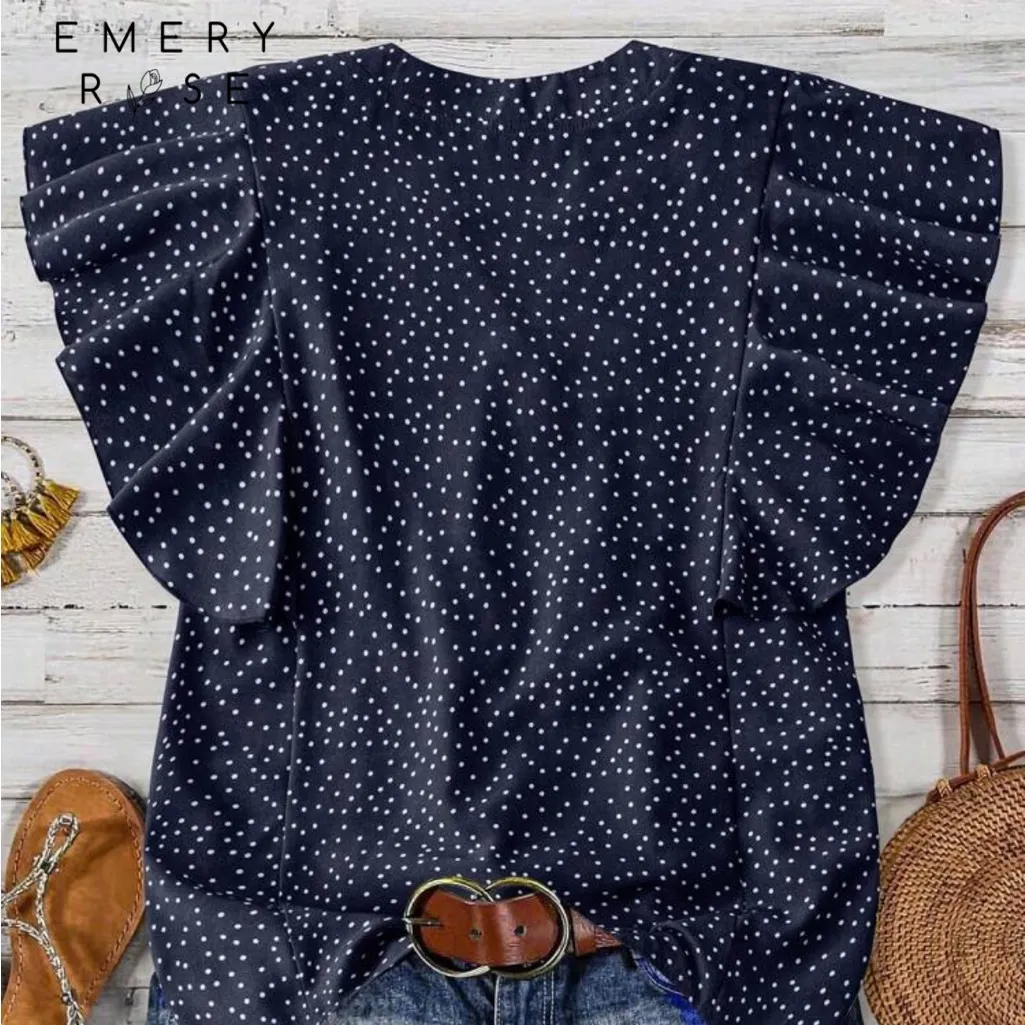 EMERY ROSE Casual V-Neck Half-Open Ruffle Sleeve Polka Dot Shirt - Image 2