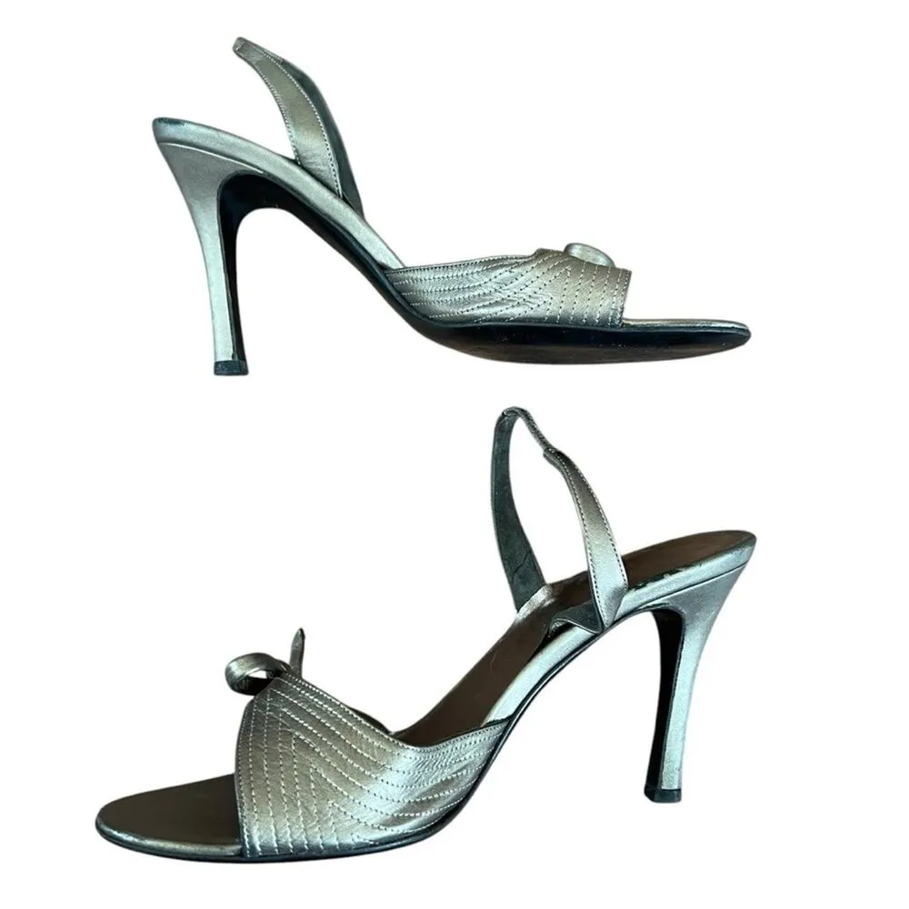 Salvatore Ferragamo Women’s Vintage Silver Bow Accent Strappy High Heels Size 9 - Image 6